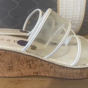 DKNY White and Clear Cork Wedge Slides